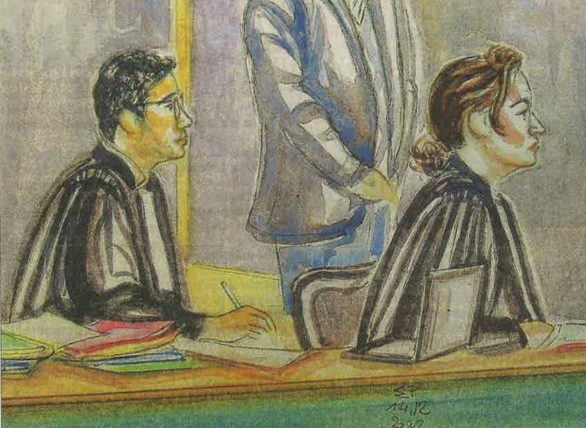 Dessin de deux avocats en robe au banc de la défense